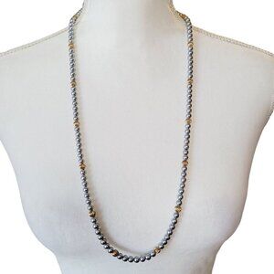 Vintage Sarah Coventry Gray Faux Pearl Necklace Gold Melon Beads Single Strand